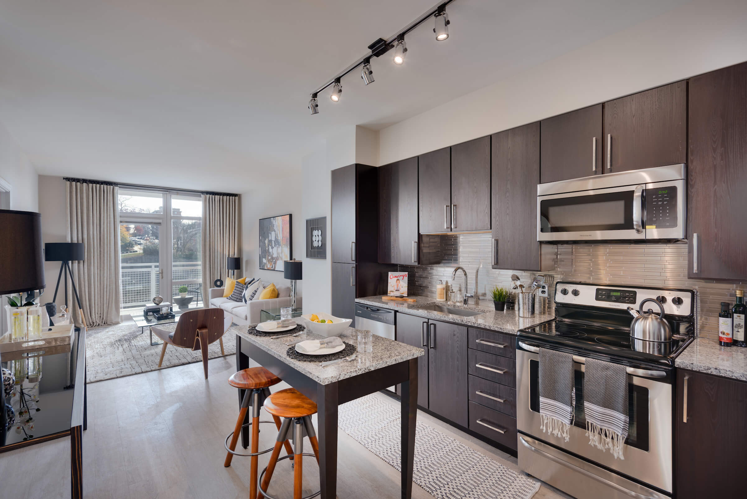 Stainless steel appliances make up this exquisite kitchen.